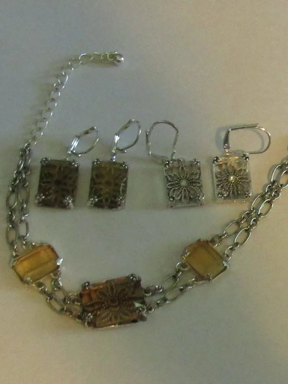 Signed NRT Jewelry Set Amber Glass Rectangular Stones NECKLACE BRACELET EARRINGS